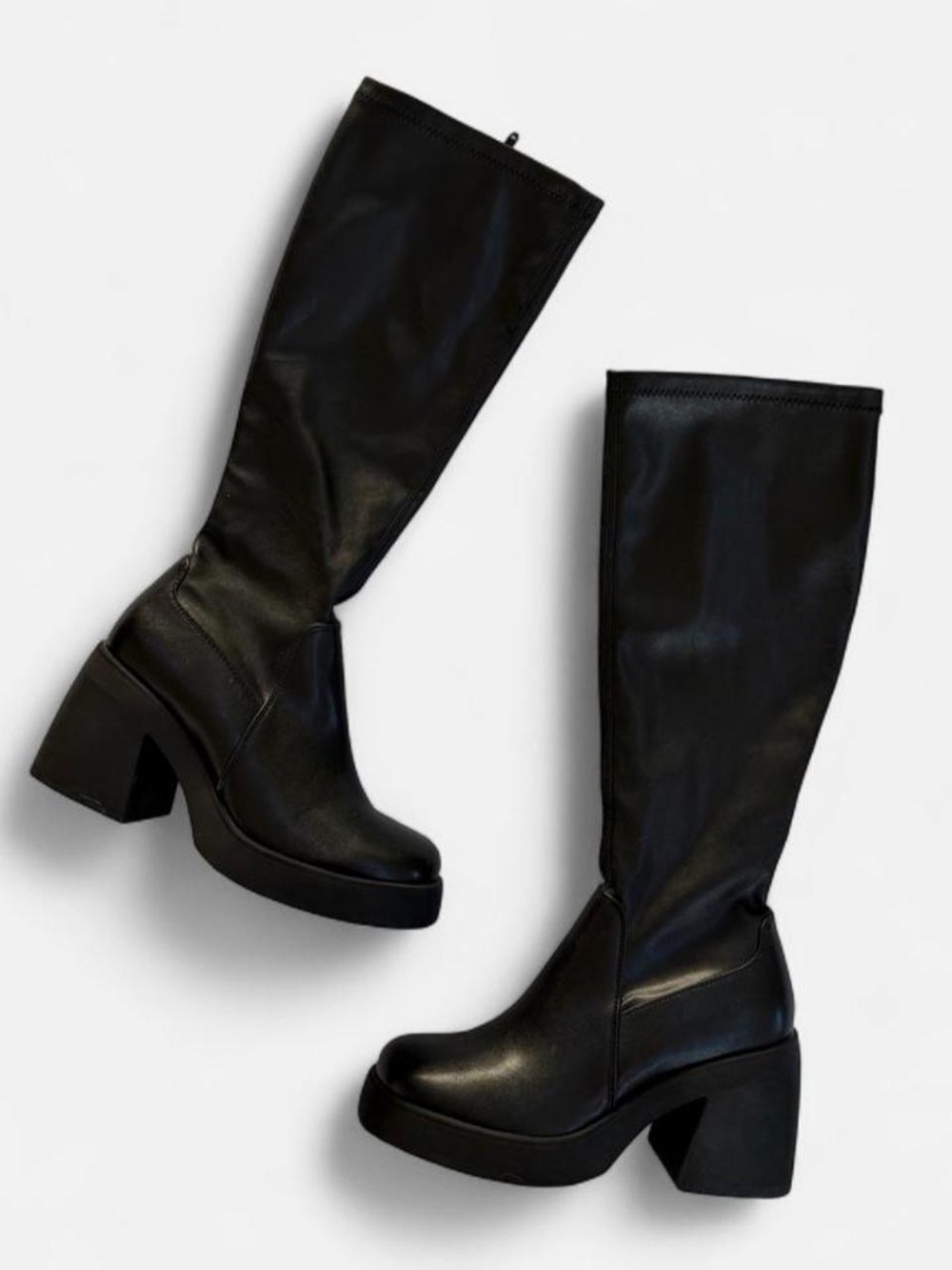 Tall Black Platform Block-Heel Knee Boots